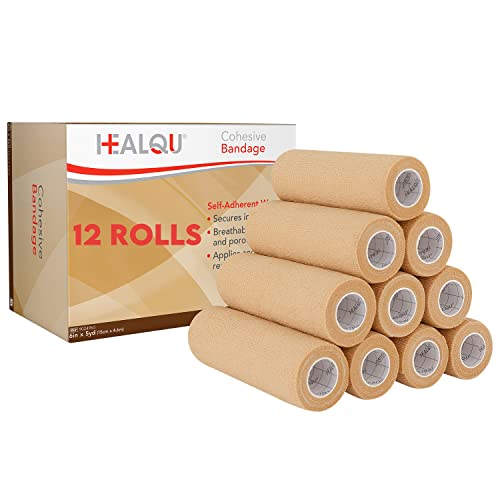 HEALQU Self Adhesive Bandage Wrap – Cohesive Tape for Athletic & Sports - 6” x 5 Yards Self Adherent Medical Tape, Flexible, Waterproof Elastic Bandages for Wrist & Ankle Vet Wrap for Dogs (12 Rolls) - size: 6 Inch Box of 12