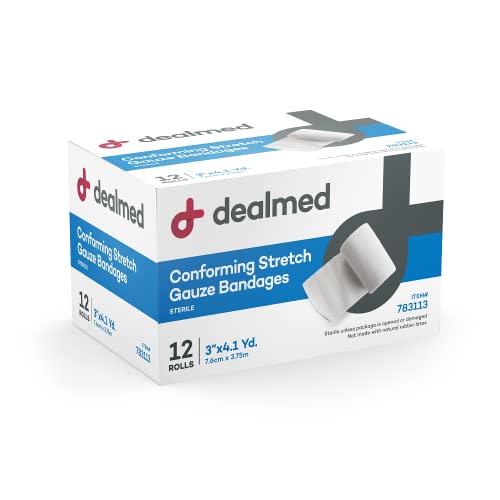 Dealmed Sterile Conforming Stretch Gauze 3 in - Latex Free - 12 Rolls | 4.1 Yards Each, Polyester Cotton Blend, Individually Wrapped, Non-Adherent Mesh, Whole Body Use, 900 Day Shelf Life, White - size: 3 Inch (Box), style: Sterile
