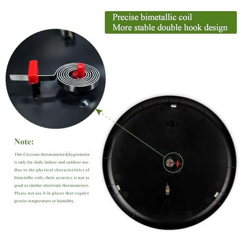 Circrane 13.25 Inch Round Thermometer with Hygrometer, Large Indoor Wall Patio Bimetal Weather Thermometer, No Battery Required, Black - color: Black