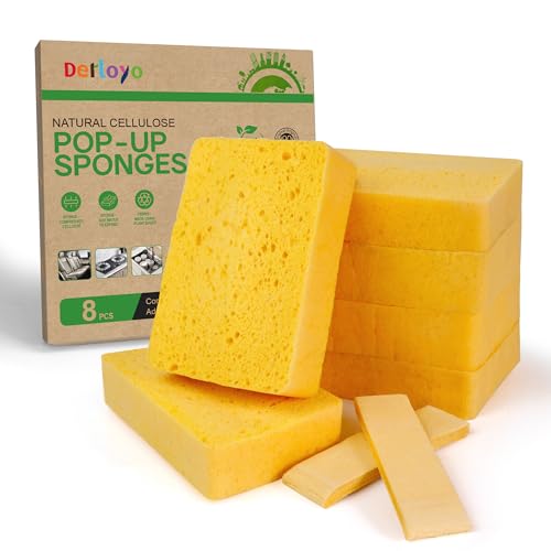 8-Count Pop Up Cellulose Sponges, Yellow | Non-Scratch, Eco-Friendly, Tear-Resistant Natural Scrub, Biodegradable Compostable, for Dishes, Bathroom, Cars