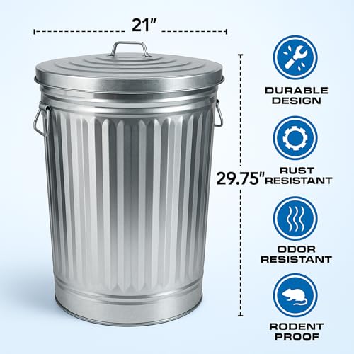 Large Metal Trash Can with Lid 31 Gallon, Heavy Duty Galvanized Outdoor Bucket for Garage, Workshop, Ash Storage, Decorative Silver Farmhouse Trash Bin with Lid