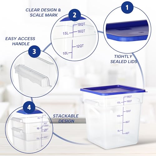 4 Pack 18QT Square Food Storage Containers with Lids | Clear NSF polycarbonate containers with scale, label and measuring cup, stackable for prep, storage, freezer. Dishwasher safe - color: 18Qt