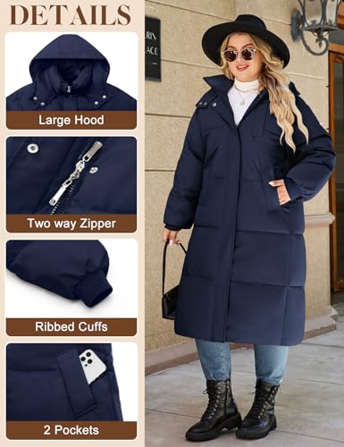 HEEKPEK Womens Plus Size Winter Coats Long Puffer Jackets Hooded Quilted Water Repellent Warm Trendy Parka Outerwear 2025 - color: Navy Blue, size: X-Large Plus