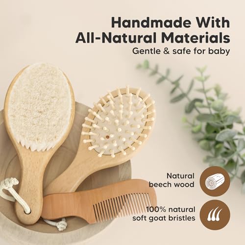 Wooden Baby Hair Brush Set for Newborns, Toddler Comb (Walnut, Petite) | Soft Goat Bristle, Baby Brush and Comb Set, Infant Grooming Kit, Cradle Cap Care, Durable & Gentle, Boy, Girl Bath Essential - color: Walnut, size: Oval, Petite 5"
