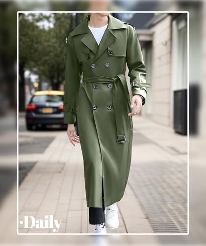 Pantete Men's Double Breasted Trench Coat Oversized Casual Windbreaker Lapel Long Jacket Overcoat - color: Army Green, size: X-Small