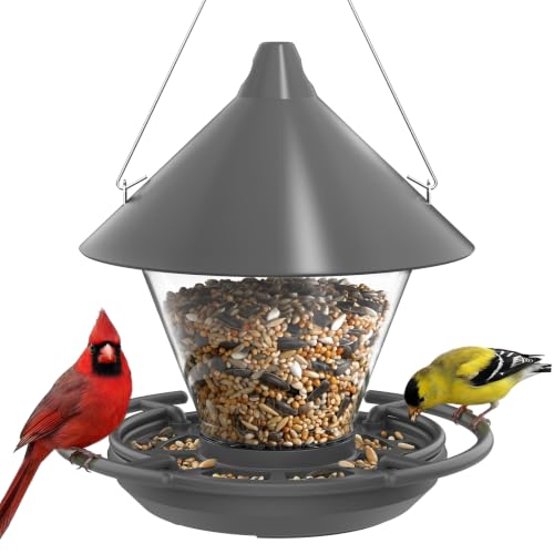 Kingsyard Wild Bird Feeder for Outdoors Hanging | No-Spill Seed Tray, Circular Perch with 360° Feeding, 4 lb Large Capacity, Attracts Cardinals Finches Chickadees, Grey - color: Gray