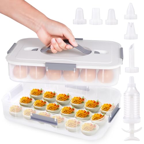 2-Layer Deviled Egg Containers with Lid,36 Slots Deviled Egg Tray Carrier | with Handle and Deviled Egg Injector Piping Tool,Portable Egg Storage Carrier Tray Platter for Party Picnic Travel (white) - color: white