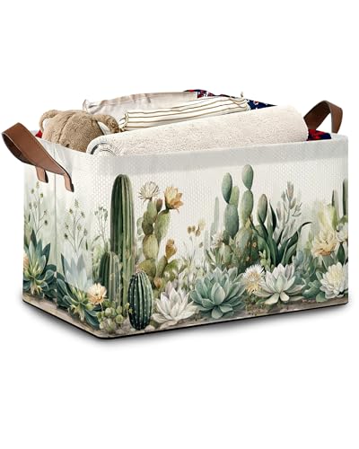 Cactus Succulent Collapsible Storage Box,Tropical Plants Organizer Bin with Handles for Room Decoration,Bins Book Basket Box 17x11.5x10Inch - color: Cactus Succulent Tropical Plants