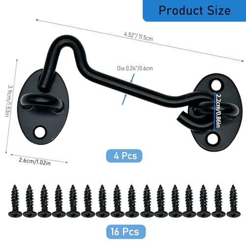 4 Pack 4" Hook and Eye Gate Latch, Stainless Steel Rust-Resistant Barn Door Lock Cabin Hooks for Gate Shutters Window Slide Barn Shed Cabinet Bathroom, with 16pcs Screw,Black - color: Black, size: 4 inch(4pcs)