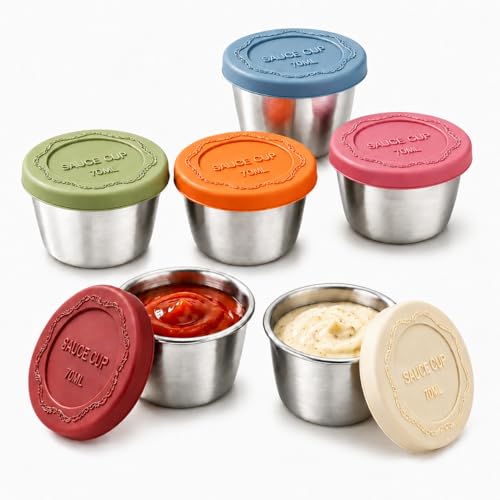 6pcs 2.4oz Stainless Steel Condiment Cups with Leak-Proof Lids - Perfect for salads, dips, and sauces. Portable design ideal for picnics, travel, and meal prep. Reusable & easy to clean - size: 2.4ounce
