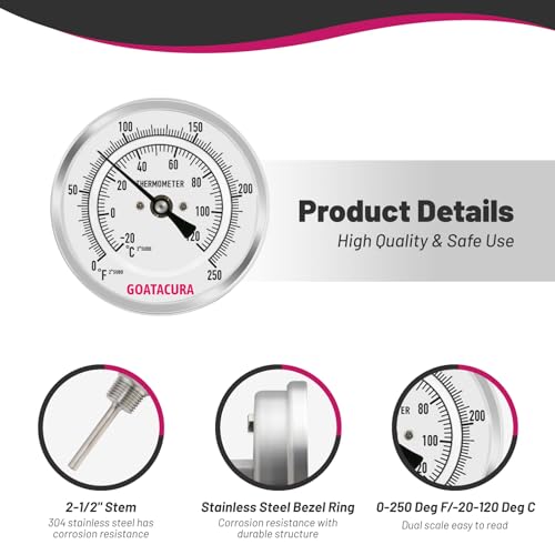 Bimetal Thermometer, Full Stainless Steel, 3" Dial Size, 2-1/2" Stem, 1/2" NPT Back Mount, 0-250 Deg F/-20-120 Deg C, 1% Accuracy - size: L=2.5"