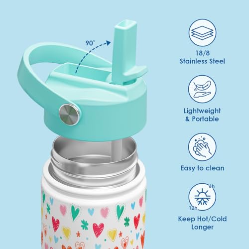 SANDJEST Kid Water Bottle 12oz with Straw Lid - 2-Pack Insulated Stainless Steel Water Bottles for Kids Girls - Travel Cup for Back to School Sports Christmas Birthday (Ballerina & Heart) - color: Heart + Ballet