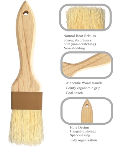 Pastry Basting Brush Natural Bristle - Food Grade Wooden Handle, Heat Resistant, Non-Shedding & Durable Kitchen Utensils for Cooking, Baking, Butter, BBQ, Oil Sauce & Egg Wash (1", 1.5", 3 Pack)