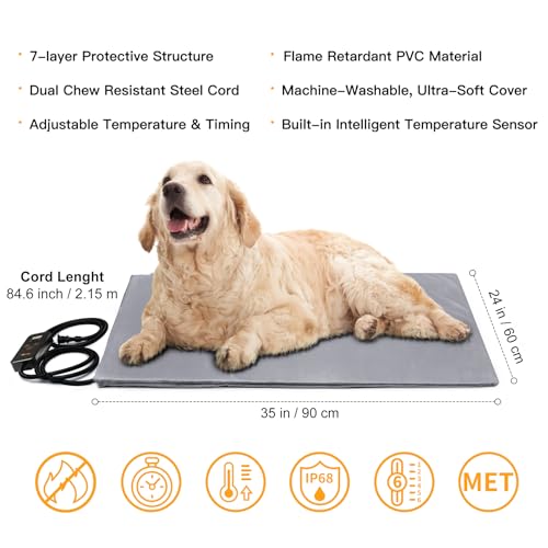 Toozey Heated Pet Mat, Large Dog & Cat Heating Pad, 35 x 24 in, Waterproof | 35 x 24 In, 6 Heat Settings, 4-24H Timer, Waterproof Surface, Chew-Resistant Cord, Washable Cover, Indoor Use - color: Grey, size: 35.0"L x 24.0"W x 0.6"Th