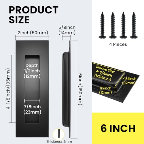 6 Inch Sliding Closet Door Handles, 2 Pack | Stainless Steel Recessed Finger Flush Pulls, Rectangular Matte Black Pocket Door Handles for Closet Doors Sliding Barn Doors - size: 6"×1.97" (L×W)