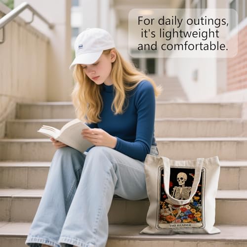 Aesthetic Canvas Tote Bag for Women - with Magnetic Snap Closure & Zipper Inner Pocket Reusable Totes Bag - color: Skeletonreading1