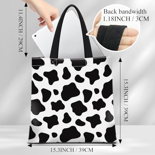 Canvas Tote Bag for Women，Cute Heavy-Duty Shoulder Bag with Zipper Pocket -Travel Tote for Grocery, Gym,Shopping - color: Black White Cowhide