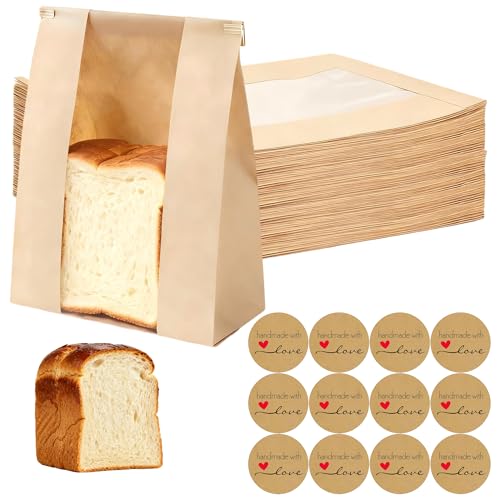 120 Pcs Paper Bread Bags for Homemade Bread with Tin Tie Tab Lock,Large Sourdough Bags Bakery Bag for Packaging Gift Giving,14" x 8.3" x 3.5",Clear Front Window,Includes 500 Sealing Stickers