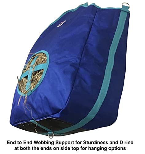 Majestic Ally Nylon Hay Feeder Tote Bag for Horse, Goat, Sheep - Double Sides Open Feed Hole with Faux Leather Ventilated Bottom- Premium Quality -Simulates Grazing - Reduces Waste (Royal Blue) - color: ROYAL BLUE
