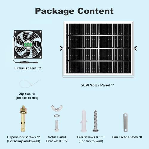 Solar Chicken Coop Fan 2 Kit, 20W Solar Powered Greenhouse Fan Outdoor Waterproof, Solar Exhaust & Intake Fans, Hi-Airflow for Shed Dog House Air Circulation Ventilation Cooling, No Battery - size: 4.7" Fan 2 Kit