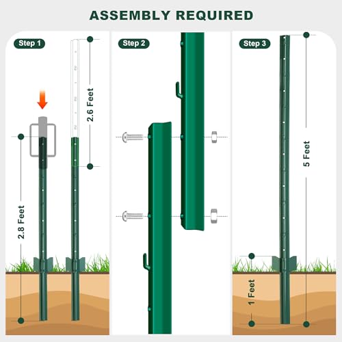 Fence Post 5 Feet / 60 Inch, Pack of 10, Heavy Duty Metal Fence Posts, No Dig U Post with U-Channel, Adjustable Tabs & Anchor Plate, Rust-Proof Steel Fence Stakes for Garden, Farm, Lawn, Poultry - size: 5 Feet