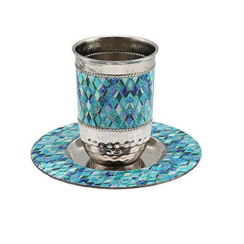 Emanuel Kiddush Cup Set Stainless Steel and Colorful Enamel for Shabbat and Yom Tov (Blue Mosaic CT-12) - color: Blue Mosaic CT-12