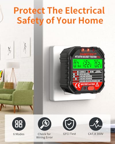 Outlet Tester Electrical GFCI Receptacle Detector with LCD Display, 90-250V Power Socket Tester, Circuit Polarity Voltage Detector, Plug Tester Breaker Finder 6 Visual Indication CAT II 300V (US Plug)