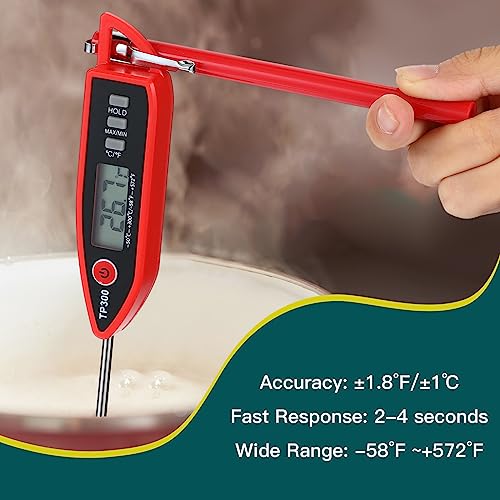 6 Set Digital Food Thermometer Long Probe Instant,Red | Waterproof for Water Liquid Candle, Instant Temperature Read for Kitchen BBQ Grill Candy Meat, Foldable Probe Thermometer - color: Red