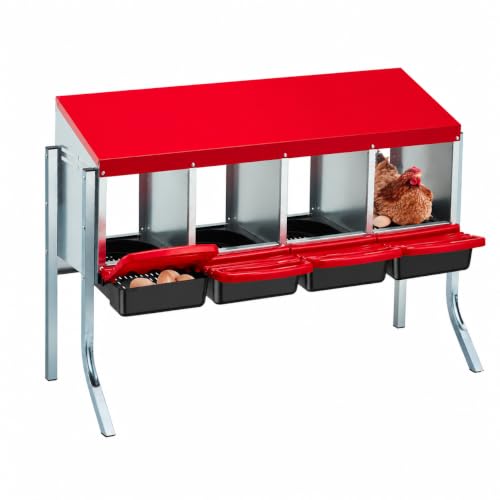 Galvanized Steel Chicken Nesting Box 4 Compartment with Pull Out Tray, Roll Away Nest Boxes for Laying Hens Egg Collection, Wall Mount Poultry Nest Box for Coop with Handle, Red, with Legs - color: Red, size: 4 Compartments with Support Legs
