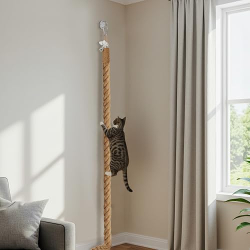 Weysat 2'' x 8.9 ft Cat Climbing Rope with Hook, Natural Jute Rope for Ceiling and Wall Mounted, Space Saving Kitten Scratching Post Toy for Indoor Outdoor - size: 2'' x 8.9 ft