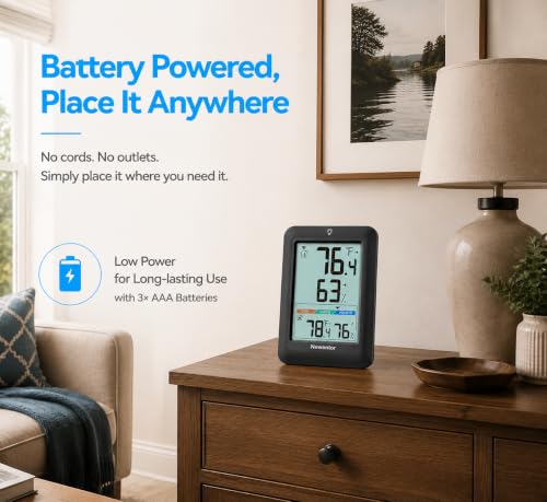 Newentor Indoor Outdoor Thermometer Wireless with 24H/48H/ALL-TIME High Low | Big Number 4" Display, Inside Outside Temp & Humidity, Comfort Indicator, Weather Station for House Patio, Black, 3 Sensors - color: Black, size: with 3 sensor