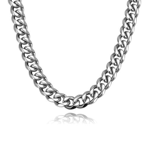 11mm Miami Cuban Link Chain Neckalces for Men Women, 316l Stainless Steel and 925 Sterling Silver Filled, Silver Cuban Mens Necklaces Jewelry Gifts Available In 20/22/24/26/28/30 Inches - style: 12MM-Length 28 Inches