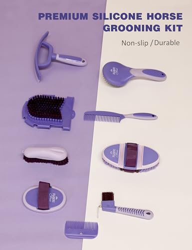 11-Piece Horse Grooming Kit with Waterproof Tote Sugar Taro | 10 coordinated horse grooming tools with comfort-grip designs and a spacious waterproof tote for complete horse grooming - color: Sugar Taro