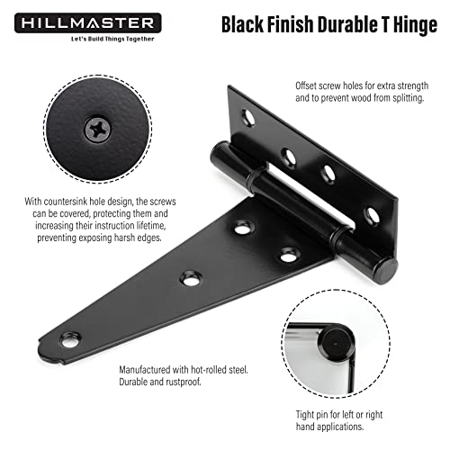 HILLMASTER 6 Inch T-Strap Heavy Duty Shed Door Hinges Gate Strap Hinges Black Tee Hinge Wrought Hardware for Wooden Fences,Yard,Barn Door,Rustproof (4 Pack) - size: 6in 4Pack