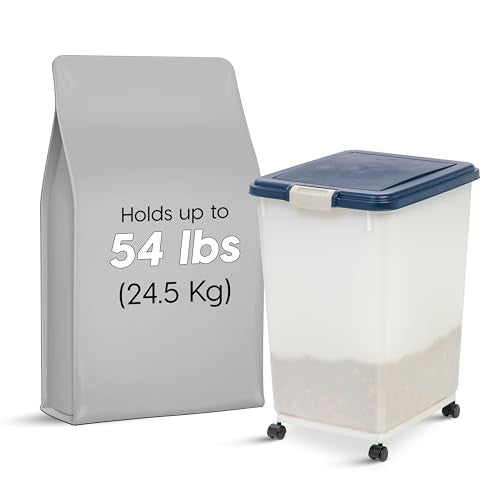 IRIS USA Dog Food Storage Container, Up to 54 lbs, Navy/Pearl, Made in USA | Wheels for Mobility, Airtight Seal, BPA-Free, Best for Bird Seed, Cat food, Cat Litter, Chicken Feed, Pellets - color: Navy/Pearl, size: 54 lbs