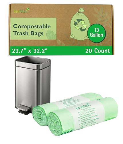 bioMat 13 Gallon Compostable Food Scrap Bags, 20 Count | BPI, CMA and OK Compost HOME certified, Meets the ASTM D6400 Standard, Tall Flat Top Bin Liners for Kitchen Food Waste Bin - size: 10 Count (Pack of 2), style: 13 Gallon