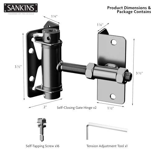 Heavy-Duty Self-Closing Gate Hinges, 90-Degree Adjustable Heavy-Duty Gate Hinges for Metal/PVC/Vinyl/Wood Fences, Narrow Fence Gate Hardware Door Hinges with Adjustable Tension, 2-Pack