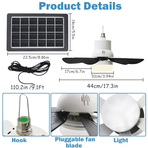 17.3in Solar Ceiling Fan Light, Solar Powered Rechargeable Ceiling Fan | 3 Color Light＆Remote Control, Built in 10000mah Battery for Outside Gazebo Canopy Tent, Chicken Coop ,Camping