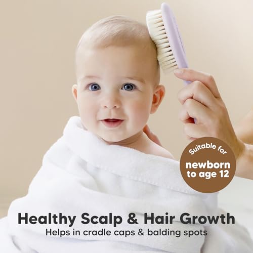 Wooden Baby Hair Brush Set for Newborns, Toddler Comb (Thistle, Regular) | Soft Goat Bristle, Baby Brush and Comb Set, Infant Grooming Kit, Cradle Cap Care, Durable & Gentle, Boy, Girl Bath Essential - color: Thistle, size: Oval, Regular 7"