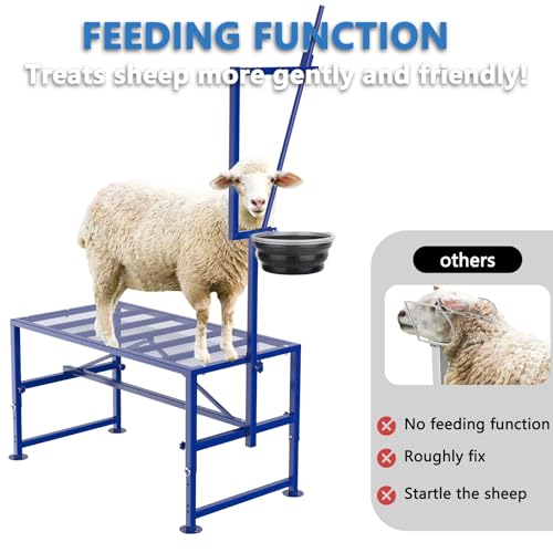 600 LBs Goat Stand with Feed Bin, Goat Milking Stand for Sheep Trimming and Milking, Hoof Trimming Stand Adjustable Size, with Feeder, Iron Blue - color: Blue, size: L - 47 inch