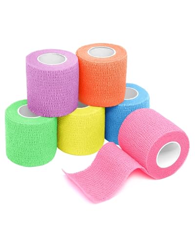 FriCARE Self Adhesive Bandage Wrap, Medical Tape in First Aid Kit | Elastic Cohesive Bandages for Sports/Vet/Wrist Ankle Wounds, 2 Inches X 5 Yards, Latex-free 6 Rolls, Fluorescent Color - color: Fluorescent Color