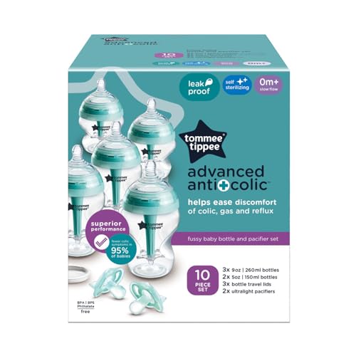 Tommee Tippee Advanced Anti-Colic 10 Piece Bottle and Pacifier Set, 5 and 9 oz BPA Free Bottles, Newborn 0+ months, Slow & Medium-Flow Breast-Like Nipples, 3 Travel Bottle Lids, 2 Ultralight Pacifiers | 5oz & 9oz BPA Free Bottles, Slow & Medium Flow Breas