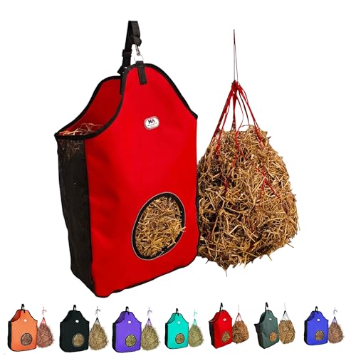 Majestic Ally 1200 D Hay Feeder Tote Bag for Horses, Sheep with Reflective Trim- Reduces Waste - Comes with 36” Hay Net. (Red) - color: Red