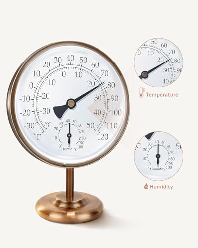 4-Inch Solid Brass Analog Thermometer Hygrometer with Stand | Solid brass, battery-free dual-scale dial for desks, offices, bedrooms, garages and RV interiors