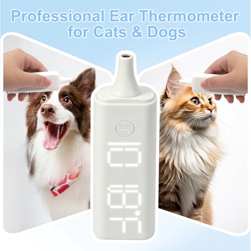 Pet Ear Thermometer, Non-Contact Infrared Temperature Measuring Device with Charging Base, Large Bright LED Screen Accurate Fast Reading Digital Thermometer for Dogs Cats Pets (White)