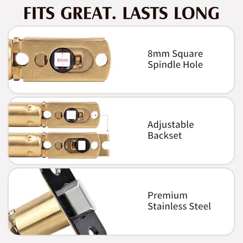 Door Latch Replacement - Non-Locking, 8mm Square Hole, Matte Black, 2 Pack | For Bedroom, Bathroom & Closet,Fits 2-3/8" or 2-3/4" Adjustable Backset, Easy install. Premium solid stainless steel.
