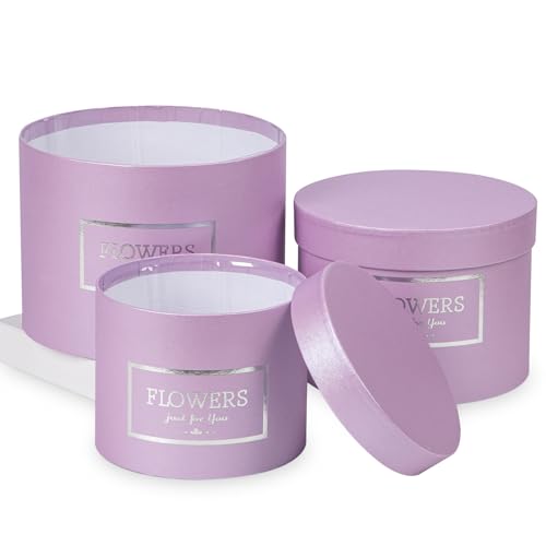 Purple Gift Box Round Gift Boxes with Lids Set of 3 Nesting Gift Boxes for Presents Assorted Sizes Flower Boxes for Arrangements Birthday Wedding Bridesmaid Graduation Christmas Party Gift Bags - color: Purple