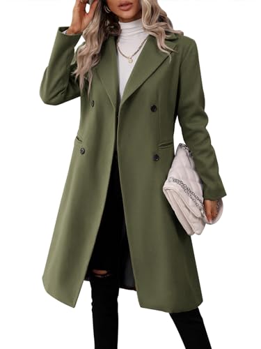 Danedvi Womens Long Double Breasted Coats Lapel Collar Pea Coat Winter Slim Fit Jackets Trench Coat Outwear - color: Army Green, size: XX-Large