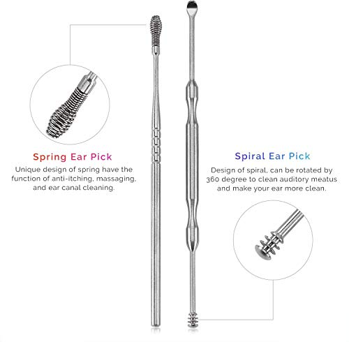 Stainless Steel Ear Curette Cleansing Kit - 6 Piece Set with Spiral Spring Pick Unclogger, Thorough Ear Wax Removal and Storage Case