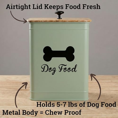 Metal Dog Food Container 5-7lb, 25 Cup w/ Airtight Bamboo Lid, Metal Handle | Pet Jar For Dogs up to 50lbs, Airtight Bamboo Lid, Sturdy Comfortable Metal Handle, Powder Coated Iron, Kibble Storage Bin - color: Sage Green: Bone